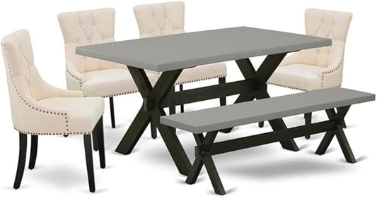 East West Furniture X696FR102-6 6 Piece Dining Set Contains a Rectangle Dining Room Table with X-Legs and 4 Light Beige Linen Fabric Parson Chairs with a Bench, 36x60 Inch, Multi-Color