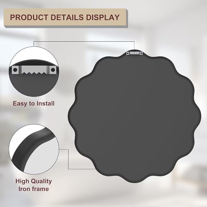 PROHOMEWARE Black Round Mirror 20 Inch Wavy Bathroom Vanity Mirror Black Frame Modern Wall Mirror Decorative Wall-Mounte Anti-Rust, Tempered Glass