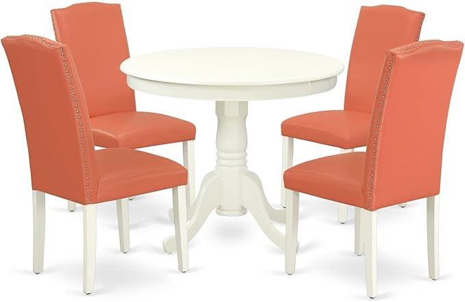 East West Furniture ANEN5-LWH-78 5 Piece Modern Dining Table Set Includes a Round Kitchen Table with Pedestal and 4 Pink Flamingo Faux Leather Parson Dining Chairs, 36x36 Inch, Linen White