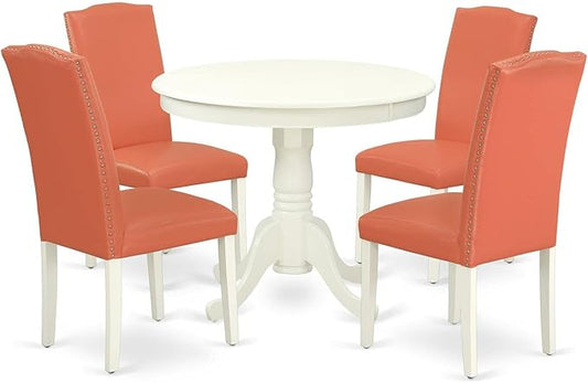 East West Furniture ANEN5-LWH-78 5 Piece Modern Dining Table Set Includes a Round Kitchen Table with Pedestal and 4 Pink Flamingo Faux Leather Parson Dining Chairs, 36x36 Inch, Linen White