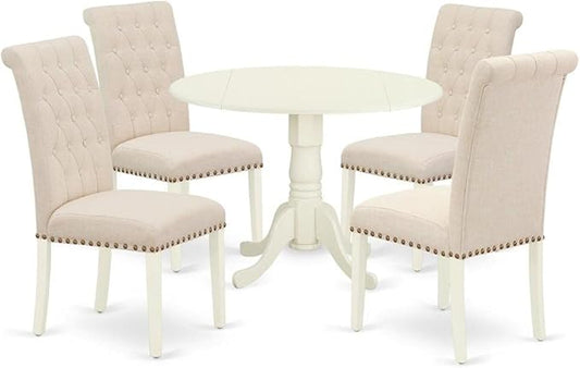 East West Furniture DLBR5-WHI-02 5 Piece Dining Table Set for 4 Includes a Round Kitchen Table with Dropleaf and 4 Light Beige Linen Fabric Upholstered Chairs, 42x42 Inch, Linen White