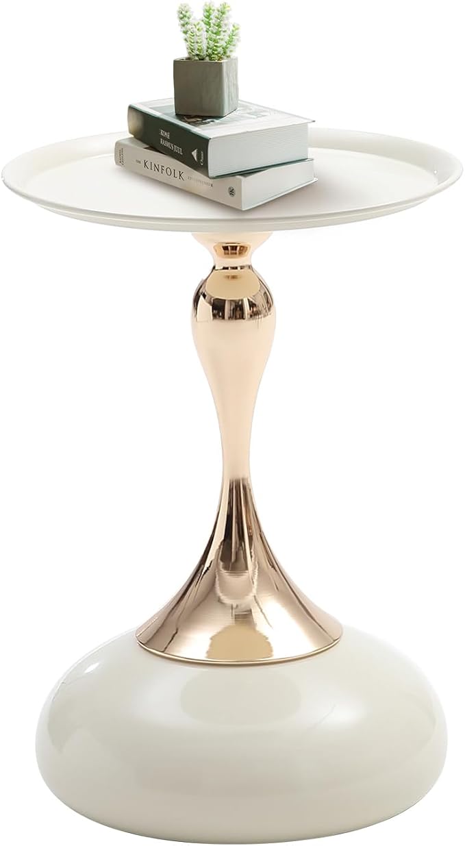 White Pedestal Side Table for Small Spaces, Metal Round Unique End Tables Living Room Modern Corner Accent Table, Martini Table Small Drink Table for Couch, Sofa, Recliner