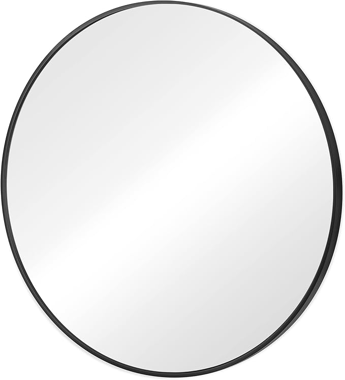 Navaris Round Mirror - 60 cm (24 inches) - Large Circle Wall Mirror for Bathroom Bed Room or Living Room - Sleek Aluminum Backed Frame - Black
