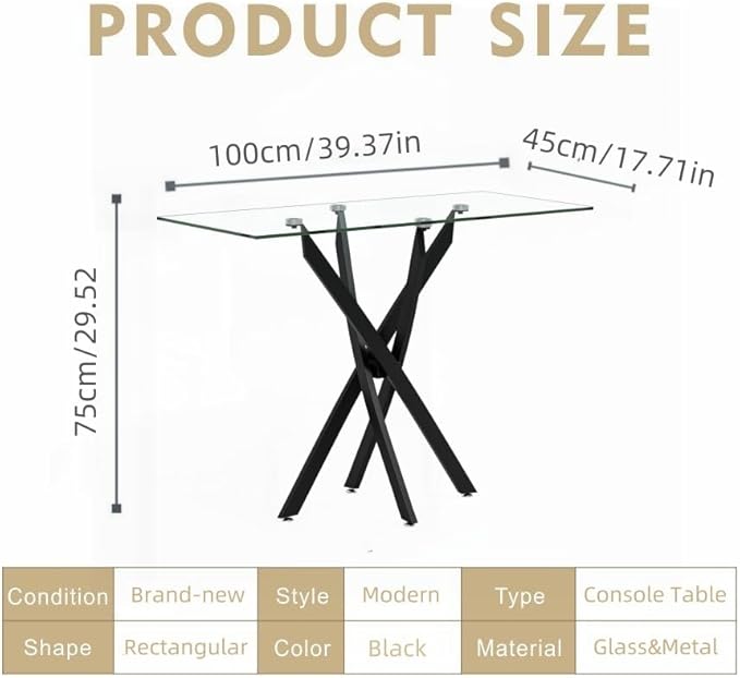 Tempered Glass Console Table with Metal Legs, Modern Narrow Sofa Table for Hallway Entryway (Black, 39"x18"x30")