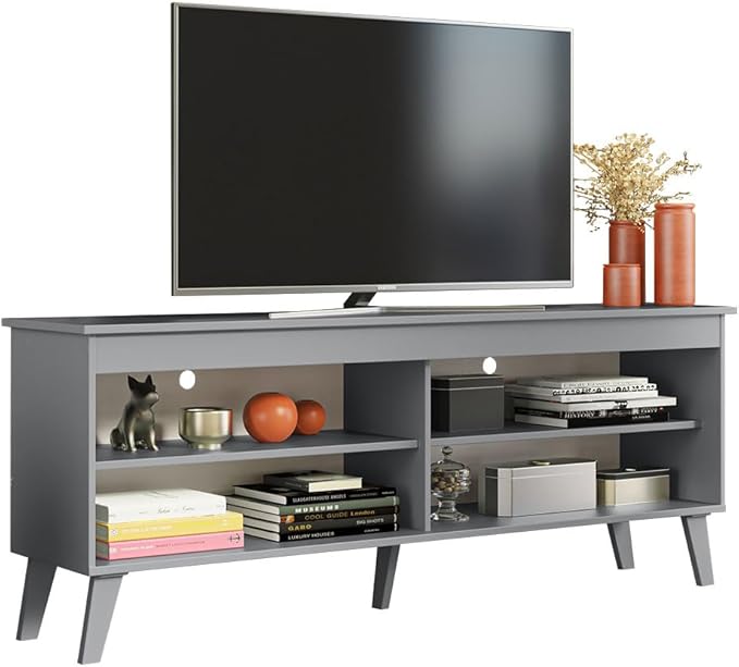 Madesa TV Stand Unit with 4 Shelves and Cable Management for 55, 65 Inch Media 1 Storage Gaming Media Console Living Room and Bedroom Entertainment Center Modern Wooden Television Cabinet - Grey