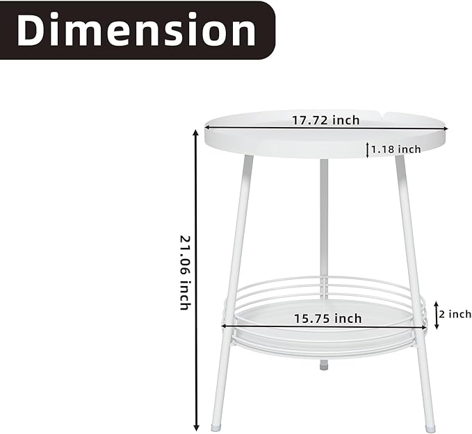 Benkyo 2 Tier White Metal Round Side Table Tiered Two Shelf Storage Coffee Sofa End Table for Living Room and Bedroom,White