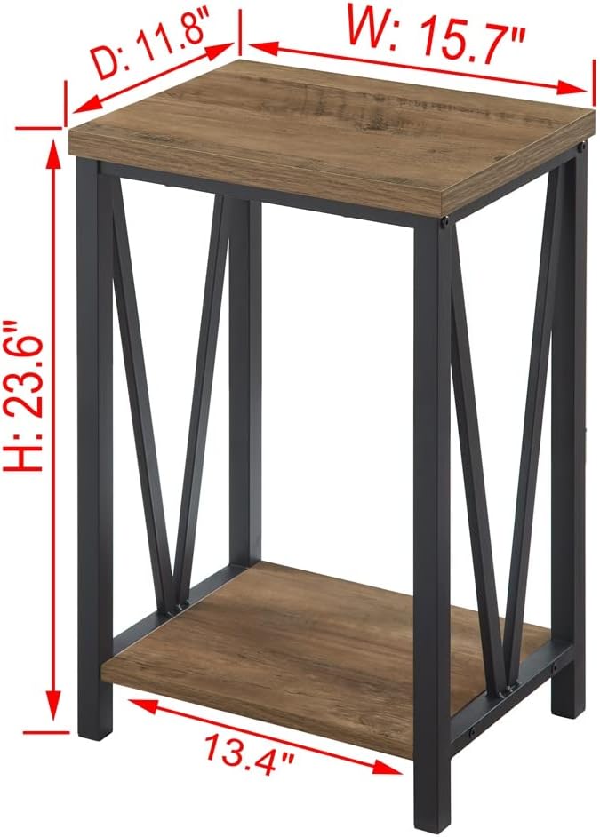 FOLUBAN Side Table with Storage Shelf, Rustic End Table for Living Room, Wood and Metal Nightstand for Bedroom, Oak