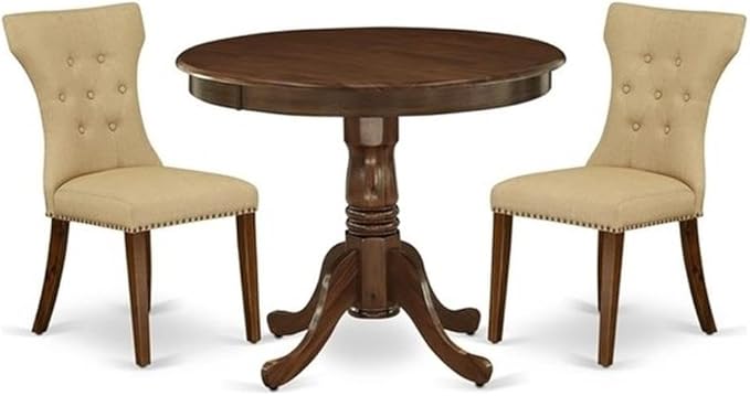East West Furniture ANGA3-AWA-03 3 Piece Dining Set Contains a Round Dining Room Table with Pedestal and 2 Upholstered Chairs, 36x36 Inch, Antique Walnut