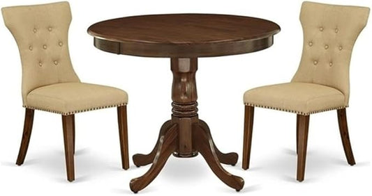 East West Furniture ANGA3-AWA-03 3 Piece Dining Set Contains a Round Dining Room Table with Pedestal and 2 Upholstered Chairs, 36x36 Inch, Antique Walnut