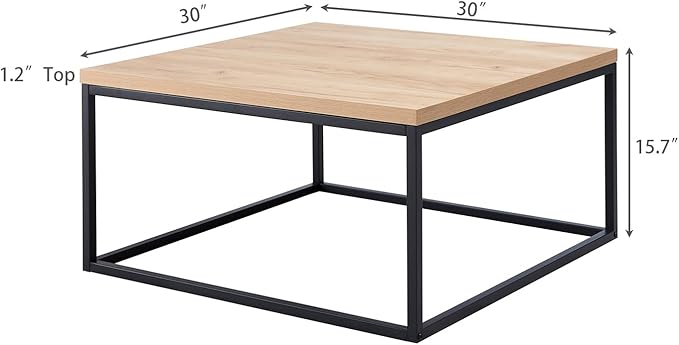 CENSI 30"x30" Natural Oak Accent Coffee Table Ottoman for Living Room, Modern Industrial Style, 1.2" Extra Thick Tabletop (Light Wood)