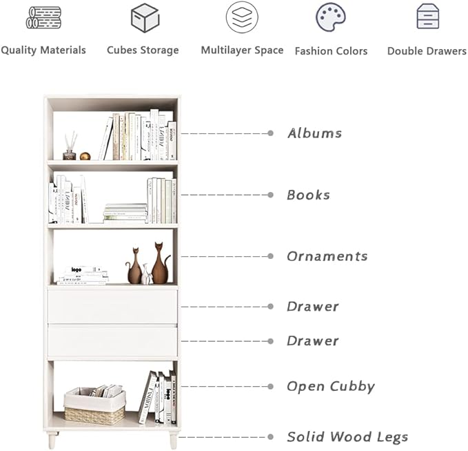 IOTXY White Mid-Century Bookcase with Legs - 67" Tall Open Shelves Cube Billy Bookshelf with Double Drawers for Home and Office