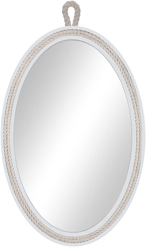 Farmhouse Wall Mirror Rope Mirror Decorative Mirror with Hanging Loop,Beach Nautical Mirror ,24 inches Lx16 inches W,Oval, White, Oval 24 inches Lx16 inches W