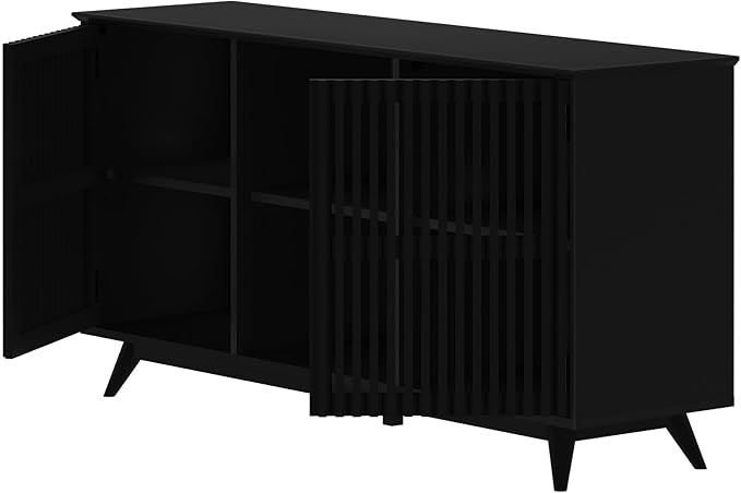 Plank+Beam Mid-Century Modern Wood TV Stand, Solid Wood Entertainment Console with Storage, 59" L x 16" W x 30" H, Black