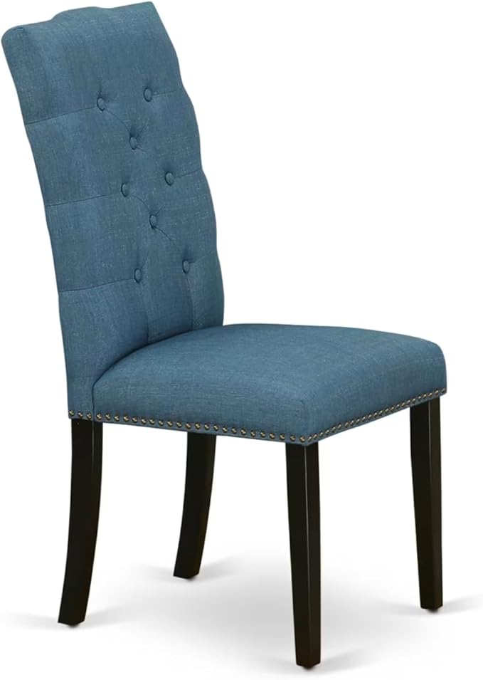 East West Furniture V697EL121-9 9 Piece Dining Room Table Set Includes a Rectangle Kitchen Table with V-Legs and 8 Blue Linen Fabric Parson Dining Chairs, 40x72 Inch, Multi-Color