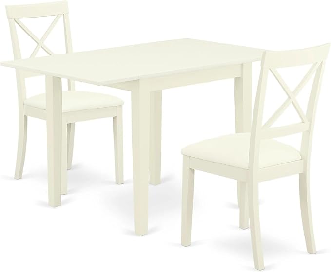 East West Furniture NDBO3-LWH-LC 3 Piece Dining Room Table Set Contains a Rectangle Dining Table with Dropleaf and 2 Faux Leather Upholstered Chairs, 30x48 Inch, Linen White