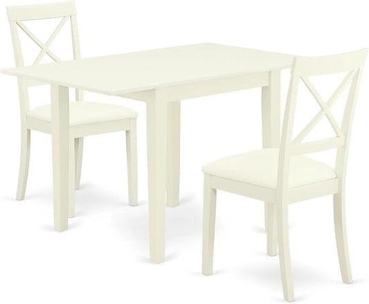 East West Furniture NDBO3-LWH-LC 3 Piece Dining Room Table Set Contains a Rectangle Dining Table with Dropleaf and 2 Faux Leather Upholstered Chairs, 30x48 Inch, Linen White