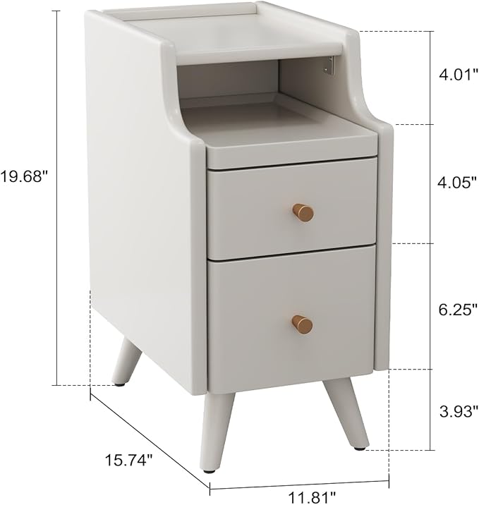 Small Nightstand with Drawers, Solid Wood Bedside Table, Narrow Walnut Nightstand for Bedroom