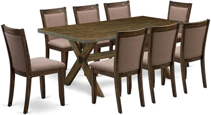 East West Furniture X777MZ748-9 9 Piece Dining Room Furniture Set Includes a Rectangle Dining Table with X-Legs and 8 Coffee Linen Fabric Upholstered Chairs, 40x72 Inch, Multi-Color