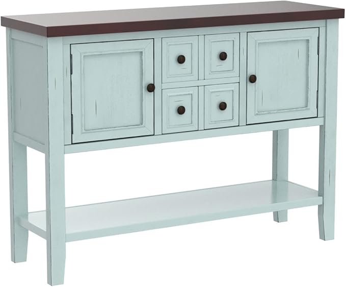 Merax Wood Farmhouse Buffet Sideboard Table with Drawers and Bottom Shelf Console Table for Living Room Dinning Room Kitchen (Retro Blue)