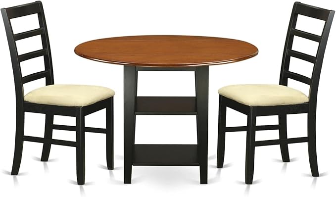 East West Furniture SUPF3-BCH-C 3 Piece Dining Room Table Set Contains a Round Kitchen Table with Dropleaf & Shelves and 2 Linen Fabric Upholstered Chairs, 42x42 Inch, Black & Cherry