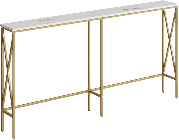 Masupu 63" Console Table, Modern Narrow Long Sofa Table Behind Couch, Skinny Entry Table, Industrial Sofa Table with Metal Frame for Hallway, Living Room, Marble White