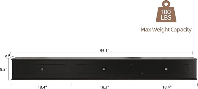 Retro Floating TV Console with 3 Doors,55'' High Gloss Floating TV Stand,Wall Mounted TV Cabinet,Contemporary Floating Media Console for Under TV Storage,Living Room,Bedroom(Black)