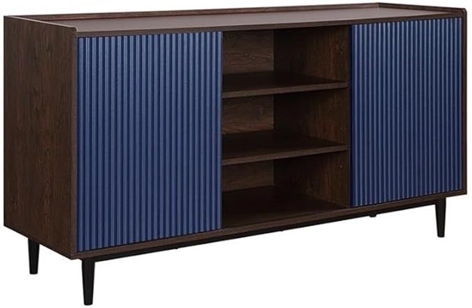 Manhattan Comfort Duane 59-Inch Ribbed Mid Century Modern Sideboard, Versatile Dining & Living Room Buffet Table with 3 Adjustable Center Shelves & 2 Side Cabinets, Navy Blue
