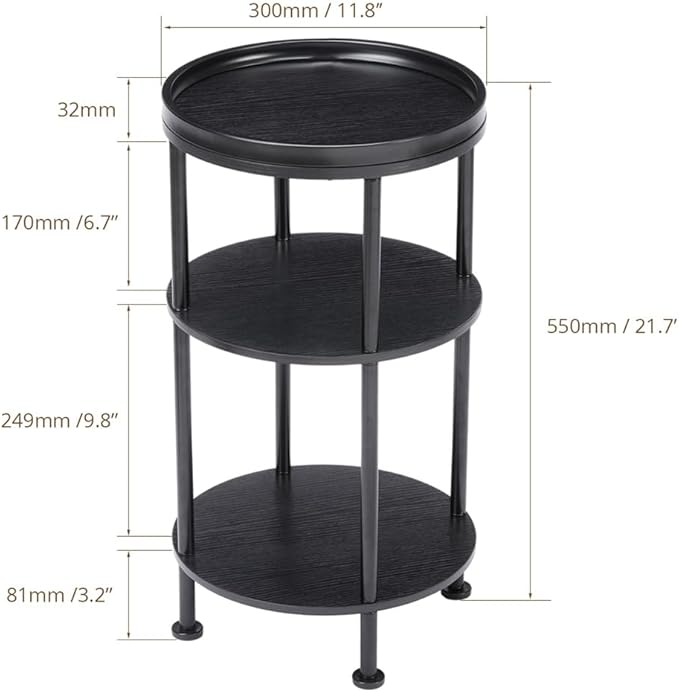 Small Round Side Table for Small Spaces, 3-Tier Round Accent Table Slim Side Table, Modern Sofa Corner Table for Living Room Nightstand Bedroom (Black)