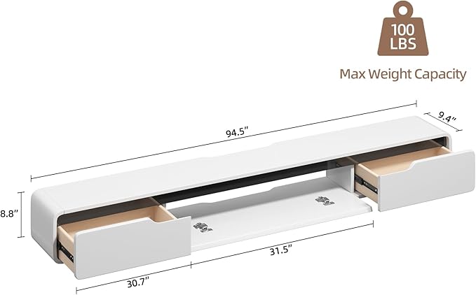 Fully-Assembled Floating TV Stand with Drawers, 94IN High Gloss Wall Mounted Entertainment Center, Modern Media Console with Storage, Under TV Shelf for Bedroom Living Room White