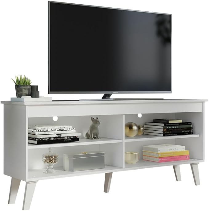 Madesa Compact TV Stand Cabinet with 4 Shelves and Cable Management for 50, 55 Inch TV Media Storage Unit Living Room and Bedroom Modern Wooden Television Media Console - White
