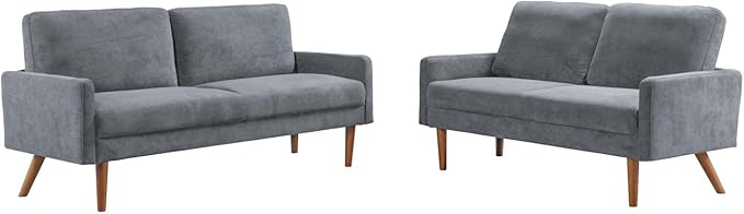 Kent 2 Piece Velvet Sofa and Loveseat Set, European Style with Modern & Vintage Flair, Upholstered 5 Seater Couch, Chic Living Room Furniture Seating for Home, Apartment or Office, Grey