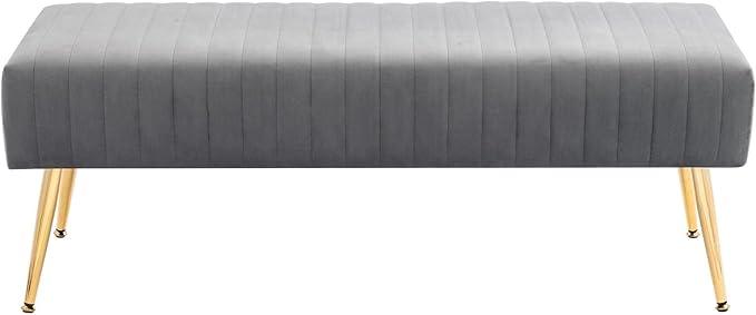 Furniliving 44 Inch Bedroom Benches, Upholstered Tufted Striped Fabric Ottoman Bench with X-Shaped Metal Legs for Living Room, Solid Wood Indoor Bench for Foyer (Grey)