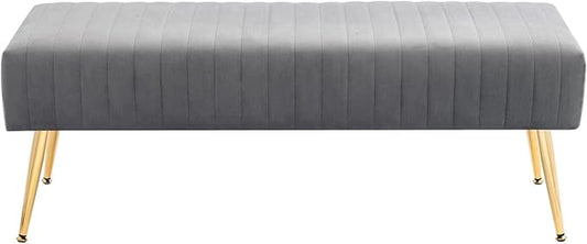 Furniliving 44 Inch Bedroom Benches, Upholstered Tufted Striped Fabric Ottoman Bench with X-Shaped Metal Legs for Living Room, Solid Wood Indoor Bench for Foyer (Grey)