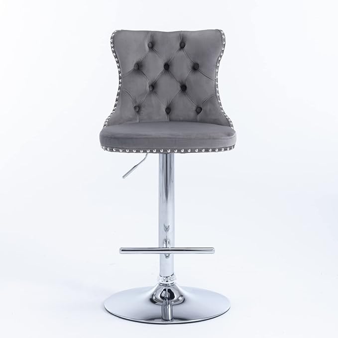 PacknWood Acosure Swivel Velvet Barstools Adjusatble Seat Height from 25-33" with Comfortable Tufted,Modern Upholstered Chrome Base Bar Chairs,for Home Pub Kitchen,Gray,Set of 2