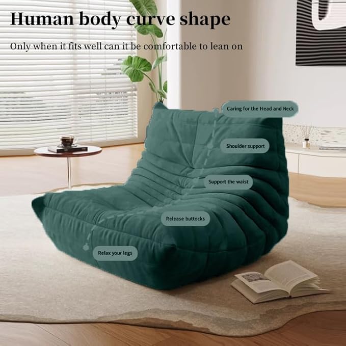 Bean Bag Chair - Memory Foam Bean Bag Chair for Adults, Comfy High-Resilience Single Sofa, Small Space Floor Chair, Chaise Lounge for Living Room, Bedroom (Dark Green, Wrinkles)
