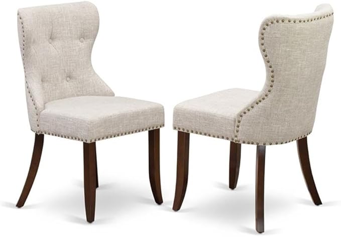 East West Furniture DLSI3-MAH-35 3 Piece Kitchen Table Set Contains a Round Dining Table with Dropleaf and 2 Doeskin Linen Fabric Parson Dining Room Chairs, 42x42 Inch, Mahogany