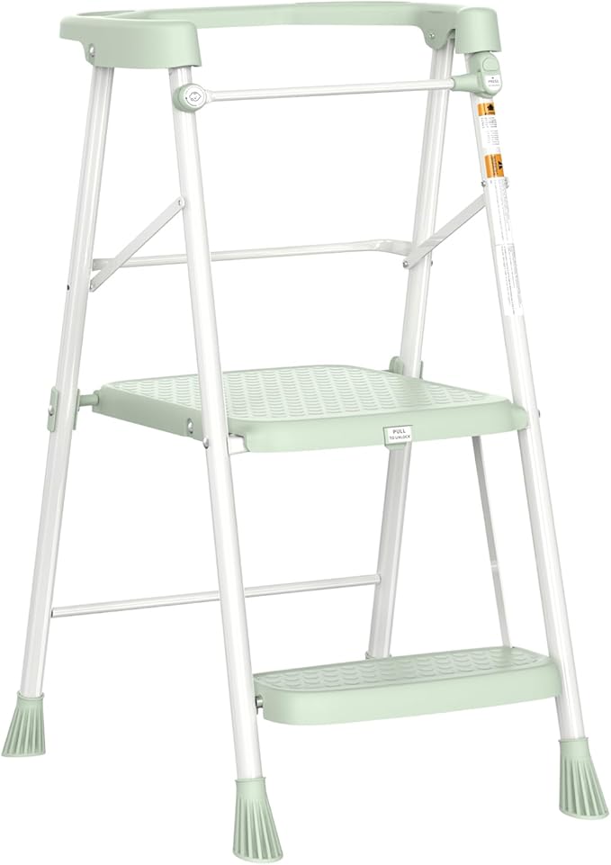 Kids Step Stool 2 Steps, Toddler Tower for Kitchen Counter Learning, Toddler Kitchen Stool Helper with Anti-Drop Safty Railing Kids Standing Folding Stepper, Green