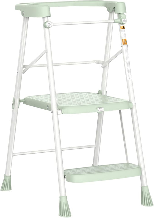 Kids Step Stool 2 Steps, Toddler Tower for Kitchen Counter Learning, Toddler Kitchen Stool Helper with Anti-Drop Safty Railing Kids Standing Folding Stepper, Green