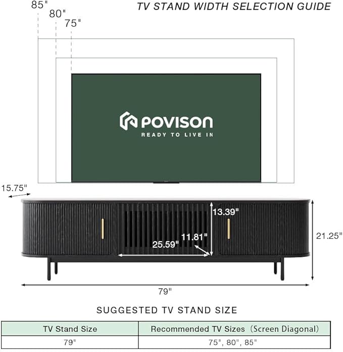 POVISON Fully-Assembled Mid Century Modern Black TV Stand with White Glossy Sintered Stone Tabletop & LED Lights, Rolling Door Media Console, Wood TV Console for Living Room