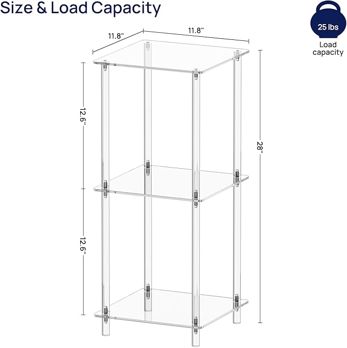 HMYHUM Acrylic Side Table for Small Spaces, 11.8" L x 11.8" W x 28" H, Small Nightstand/Bedside/End Table for Living Room, Bedroom, 3-Tier, Square, Clear