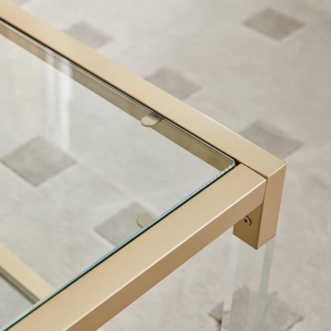 AGV LIGHTING 202205 BLEVIO Coffee Table, Modern Design Dual-Layer Coffee Table, Perfect for Living Space, Ultra-Clear Glass Top, Transparent Acrylic Leg & Gold Finish Metal Frame
