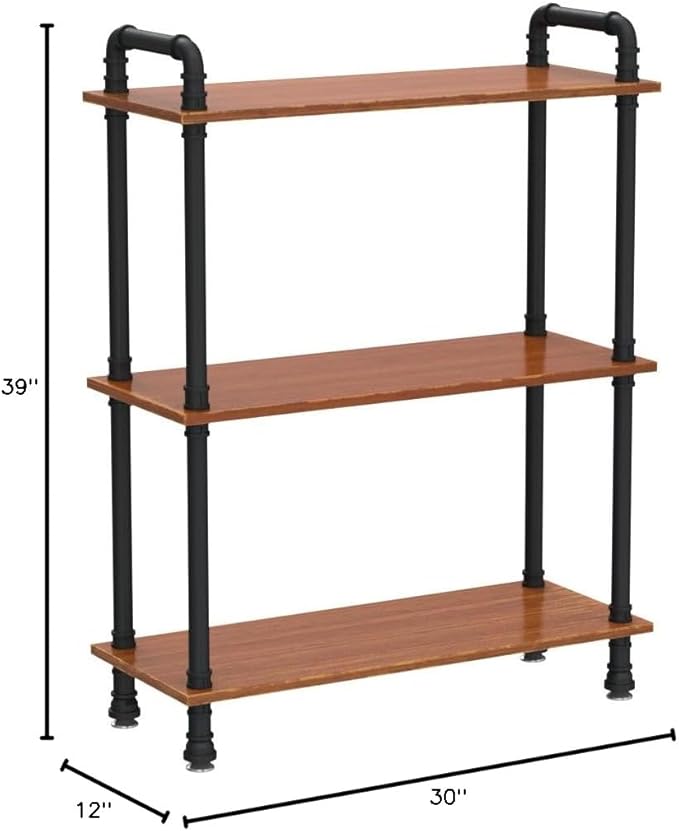 Industrial Bookshelf, 3 Tier Pipe Shelving, Industrial Pipe Shelf - Rustic Brown, 29.5" L x 11.8" W x 39" H