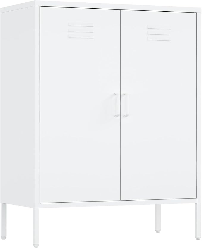 Manhattan Comfort Naomi Modern Metal Accent Cabinet, Minimalist Storage Cabinet with Doors & Adjustable Shelves, Vented Doors, Sturdy Steel Build, Versatile & Multi-Purpose Home Furniture, White