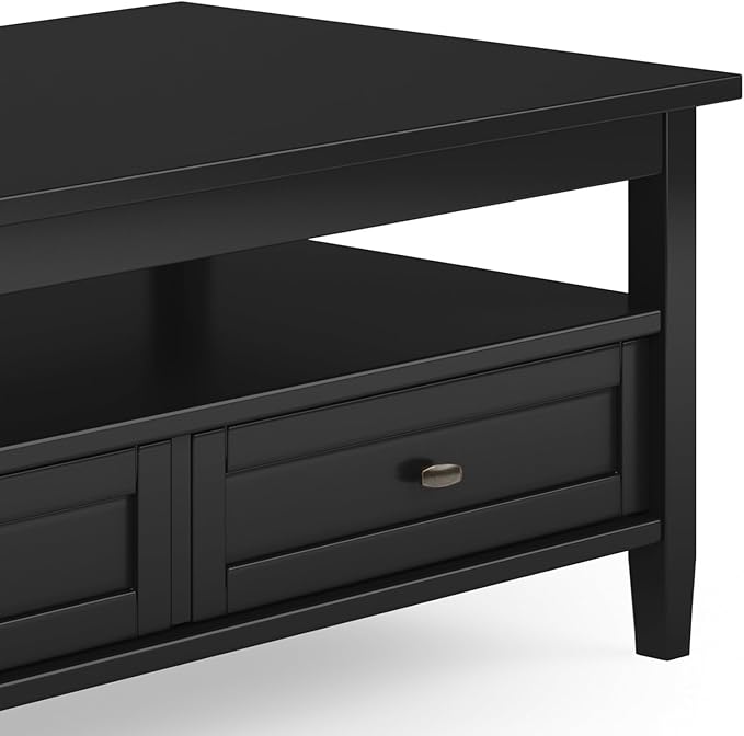 SIMPLIHOME Warm Shaker Coffee Table - 48 inch Wide Solid Wood Cocktail Table in Black, Transitional Living Room Table with 2 Storage Drawers and Open Shelf for Sitting Area or Lounge