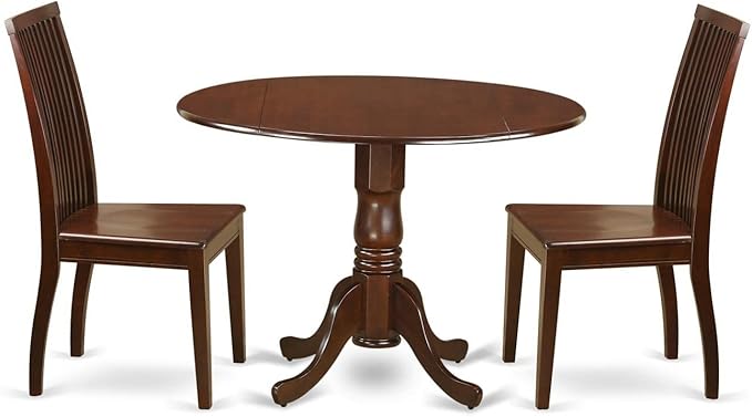 East West Furniture DLIP3-MAH-W 3 Piece Dining Room Furniture Set Contains a Round Kitchen Table with Dropleaf and 2 Dining Chairs, 42x42 Inch, Mahogany
