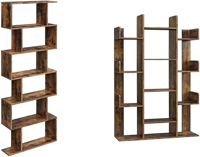 VASAGLE 6-Tier Bookshelf, Tall Display Shelf, Freestanding Storage Shelf, Rustic Brown ULBC61BX Tree-Shaped Bookcase with 13 Storage Shelves, 9.8”D x 33.9”W x 55.1”H, Rustic Brown ULBC67BXV1