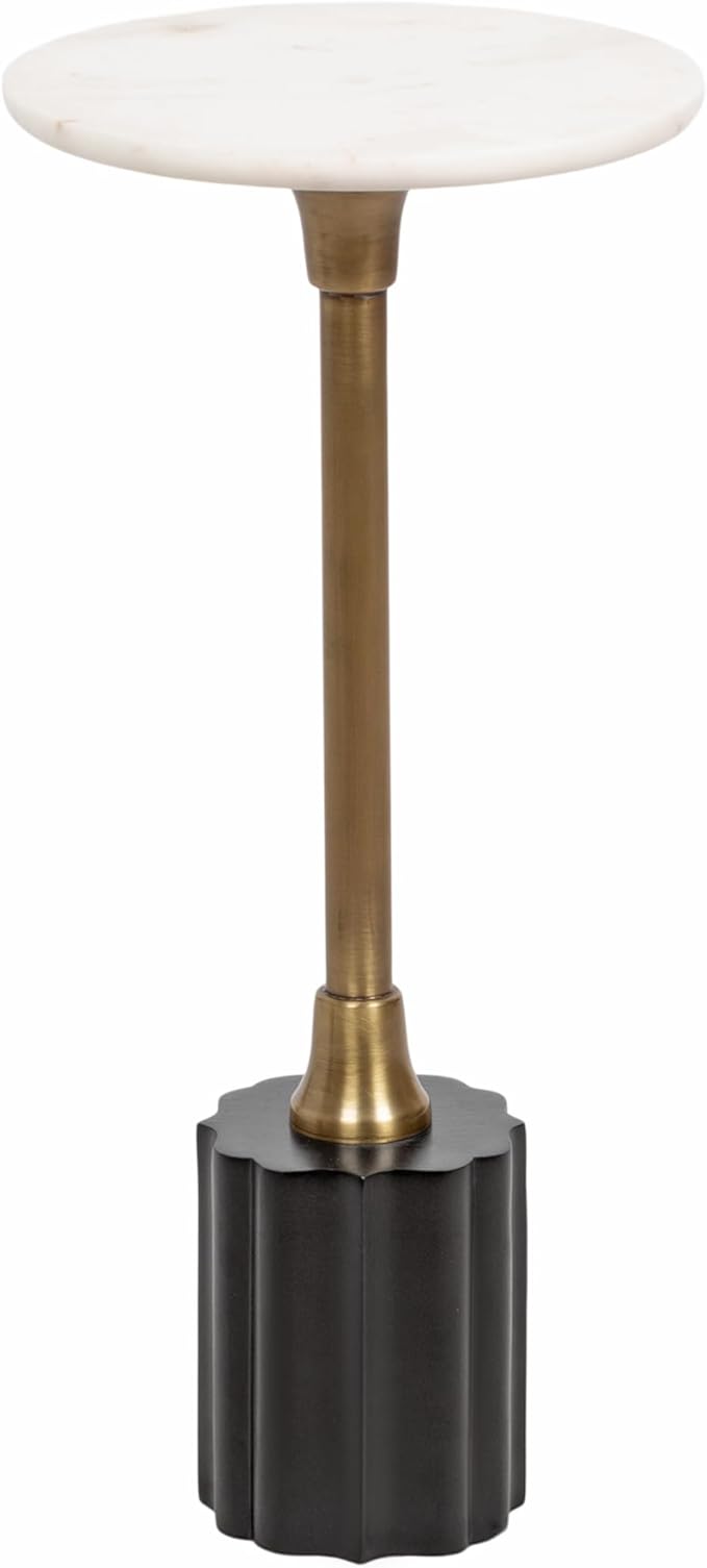 Kate and Laurel Nisha Traditional Marble Round Drink Table, 10 x 10 x 22, White Marble, Antique Brass, and Black, Vintage Mango Wood Circle Mini Table for Use as Plant Stand or Living Room Decor