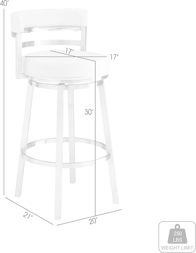 Armen Living Titana 30" Bar Height Swivel White Faux Leather and Brushed Stainless Steel Bar Stool