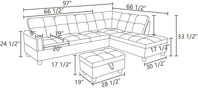 Brown L-Shaped 3-Piece Faux Leather Sofa with Storage Ottoman Set, Sectional Couch Sofa Set for Living Room, Office, Small Space