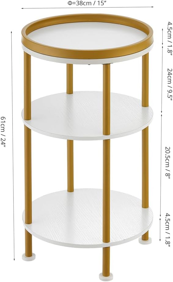 Small Round End Table with Charging Station, 3-Tier Accent Couch Beside Table with USB Ports & Power Outlets, Sofa Side Table for Living Room Small Nightstand Bedroom (Classic, White+Gold)
